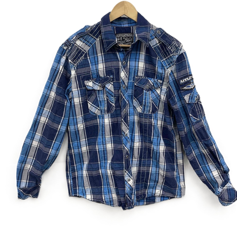 Affliction Blue Plaid Long Sleeve Button Down Shirt Large‎ Y2K Patchwork